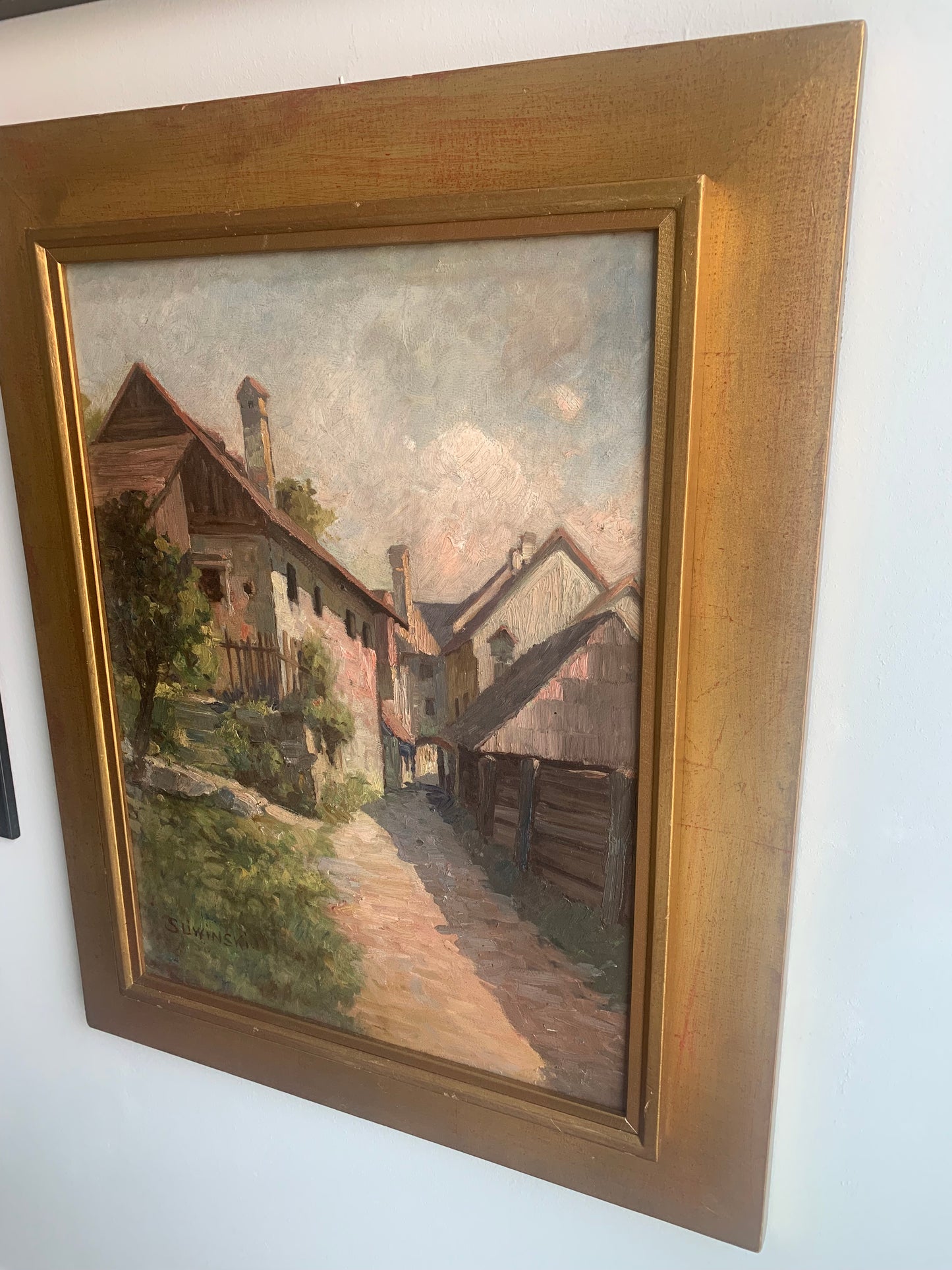 "Dorfstraße" altes Ölgemälde, signiert Sliwiński